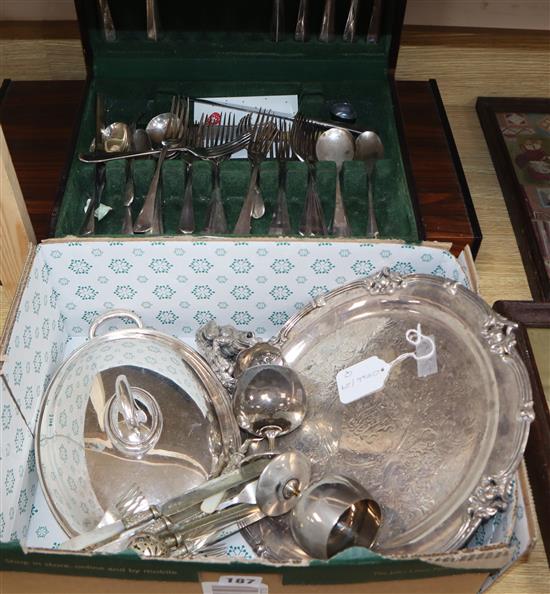 Sundry plated wares including two canteens, a sterling toad, etc